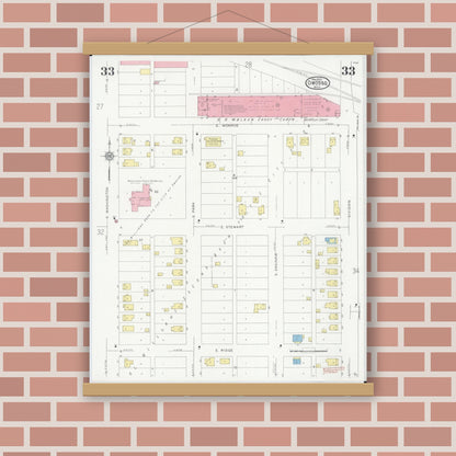 Old map wall art mockup — magnetic wood frame on brick wall — Sanborn Fire Insurance Map from Owosso, Shiawassee County, Michigan (1930), Sheet #0033