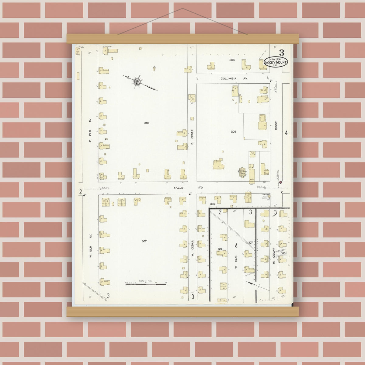 Old map wall art mockup — magnetic wood frame on brick wall — Sanborn Fire Insurance Map from Rocky Mount, Edgecombe And Nash Counties, North Carolina (1912), Sheet #0003