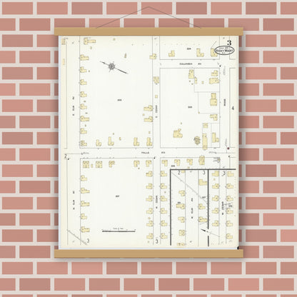 Old map wall art mockup — magnetic wood frame on brick wall — Sanborn Fire Insurance Map from Rocky Mount, Edgecombe And Nash Counties, North Carolina (1912), Sheet #0003