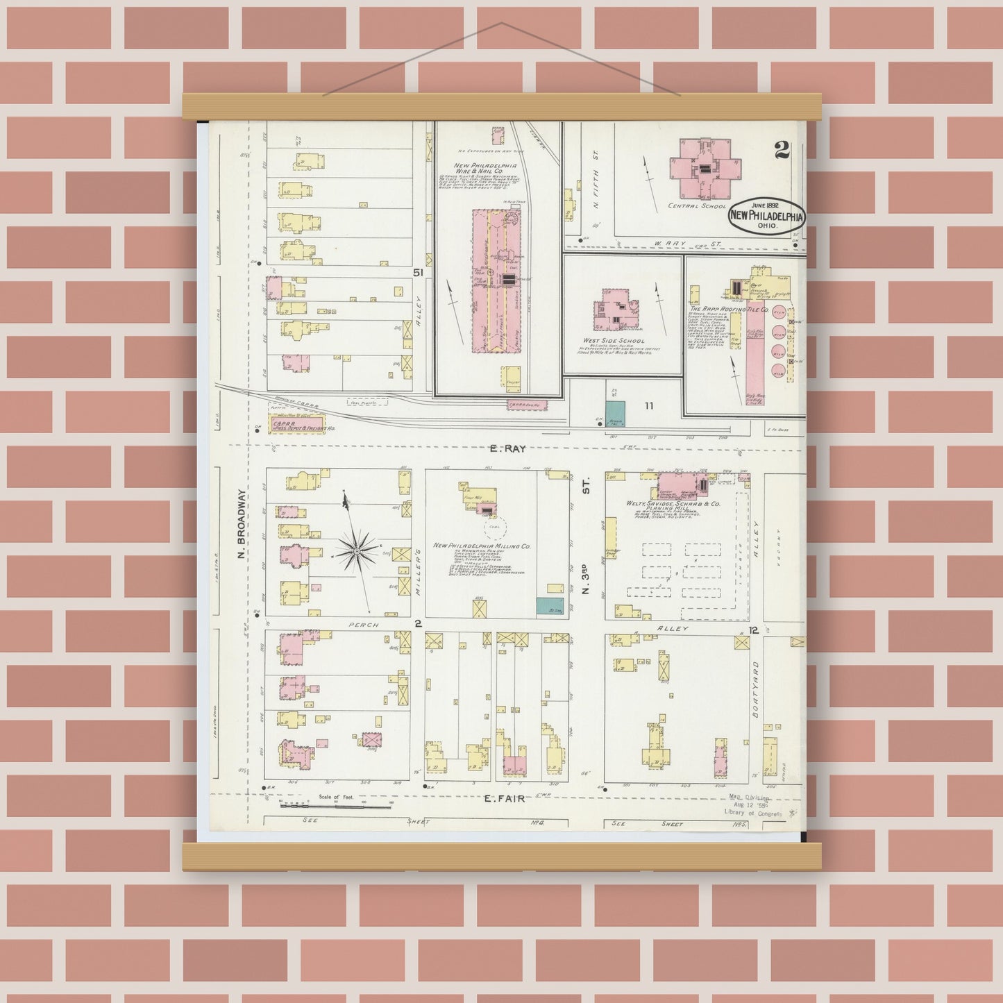 Old map wall art mockup — magnetic wood frame on brick wall — Sanborn Fire Insurance Map from New Philadelphia, Tuscarawas County, Ohio (1892), Sheet #0002