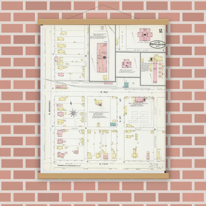 Old map wall art mockup — magnetic wood frame on brick wall — Sanborn Fire Insurance Map from New Philadelphia, Tuscarawas County, Ohio (1892), Sheet #0002
