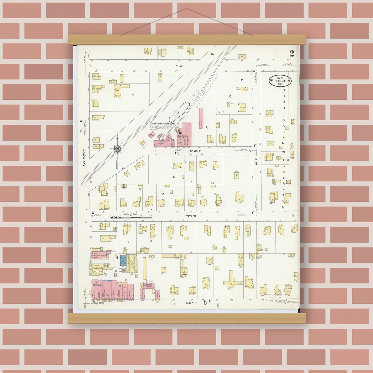 Old map wall art mockup — magnetic wood frame on brick wall — Sanborn Fire Insurance Map from Wellington, Lorain County, Ohio (1911), Sheet #0002