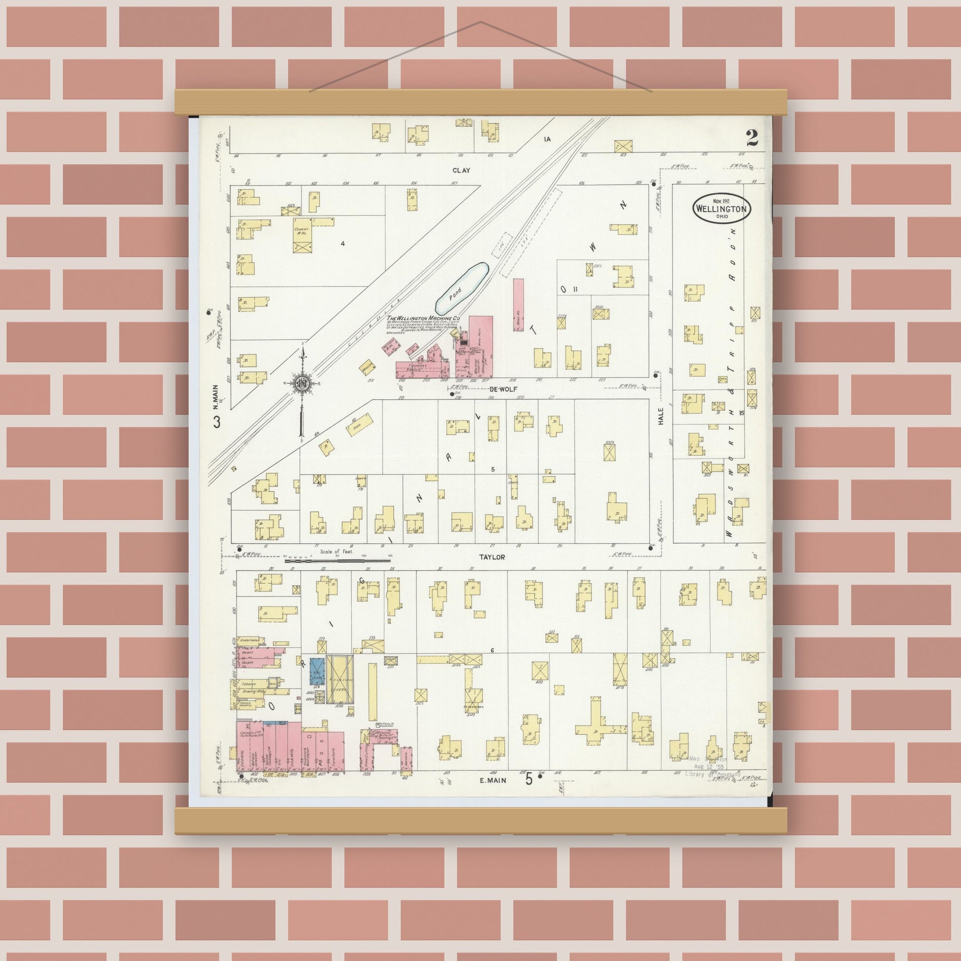 Old map wall art mockup — magnetic wood frame on brick wall — Sanborn Fire Insurance Map from Wellington, Lorain County, Ohio (1911), Sheet #0002