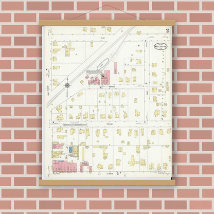 Old map wall art mockup — magnetic wood frame on brick wall — Sanborn Fire Insurance Map from Wellington, Lorain County, Ohio (1911), Sheet #0002