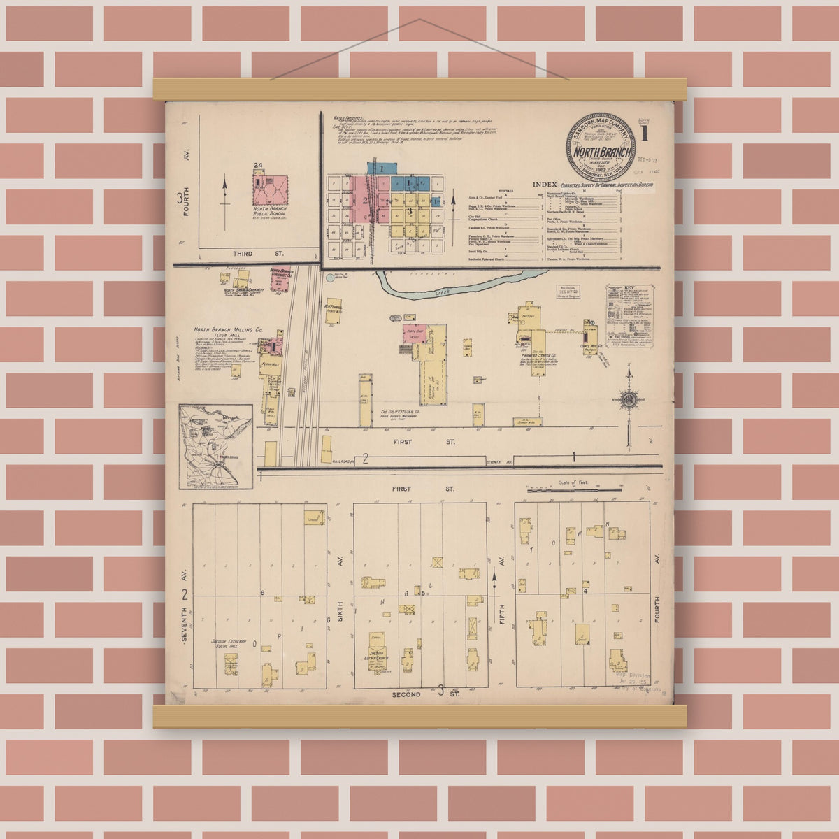 Old map wall art mockup — magnetic wood frame on brick wall — Sanborn Fire Insurance Map from North Branch, Chisago County, Minnesota (1922) - Complete Map Set