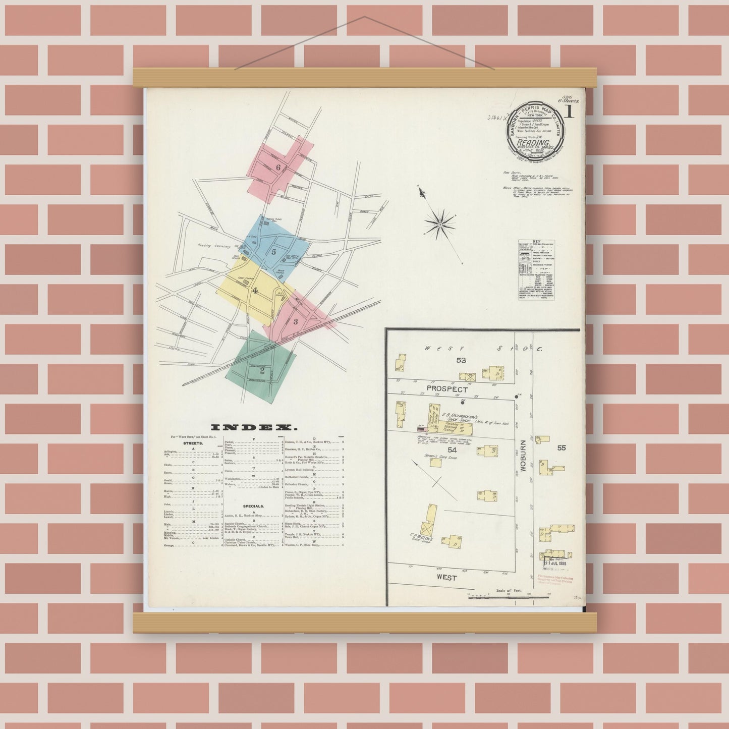 Old map wall art mockup — magnetic wood frame on brick wall — Sanborn Fire Insurance Map from Reading, Middlesex County, Massachusetts (1892), Sheet #0001
