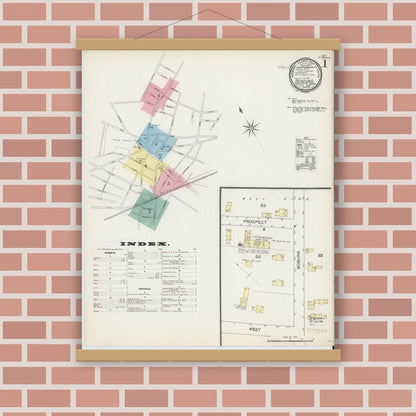 Old map wall art mockup — magnetic wood frame on brick wall — Sanborn Fire Insurance Map from Reading, Middlesex County, Massachusetts (1892), Sheet #0001