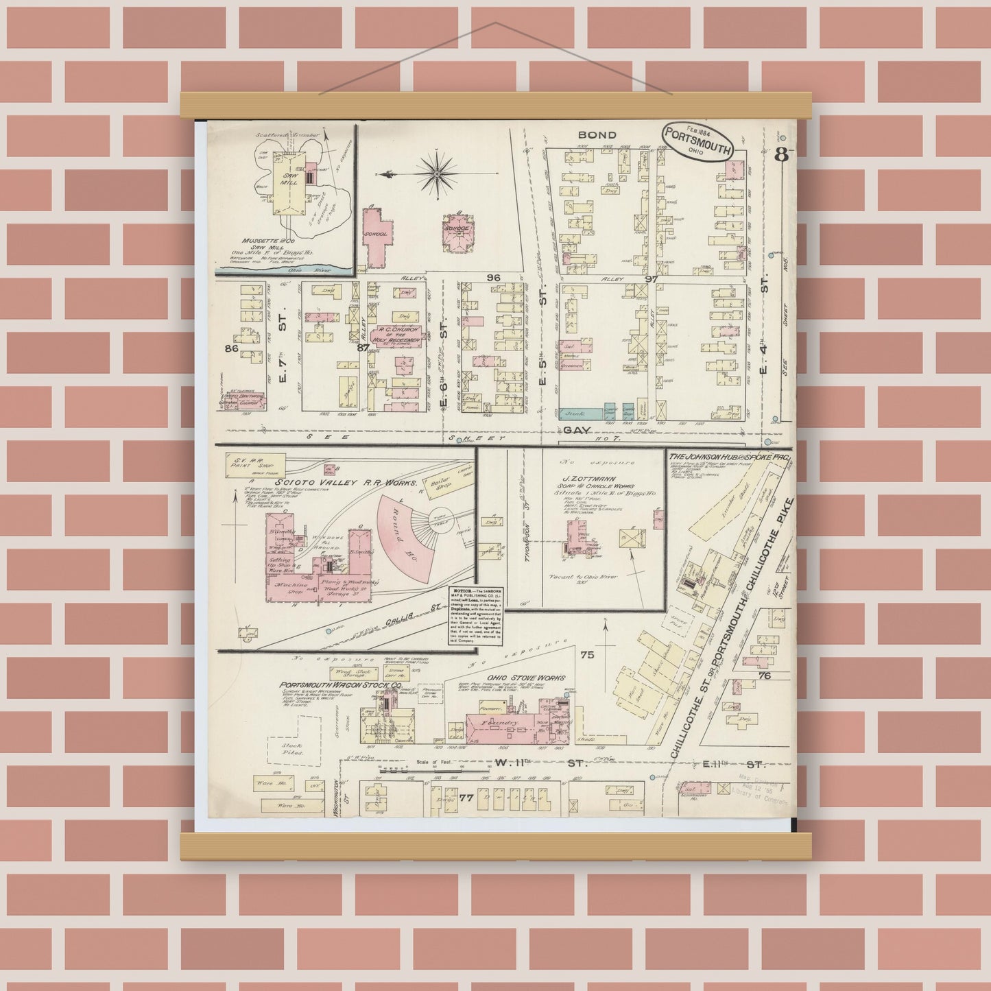 Old map wall art mockup — magnetic wood frame on brick wall — Sanborn Fire Insurance Map from Portsmouth, Scioto County, Ohio (1884), Sheet #0008