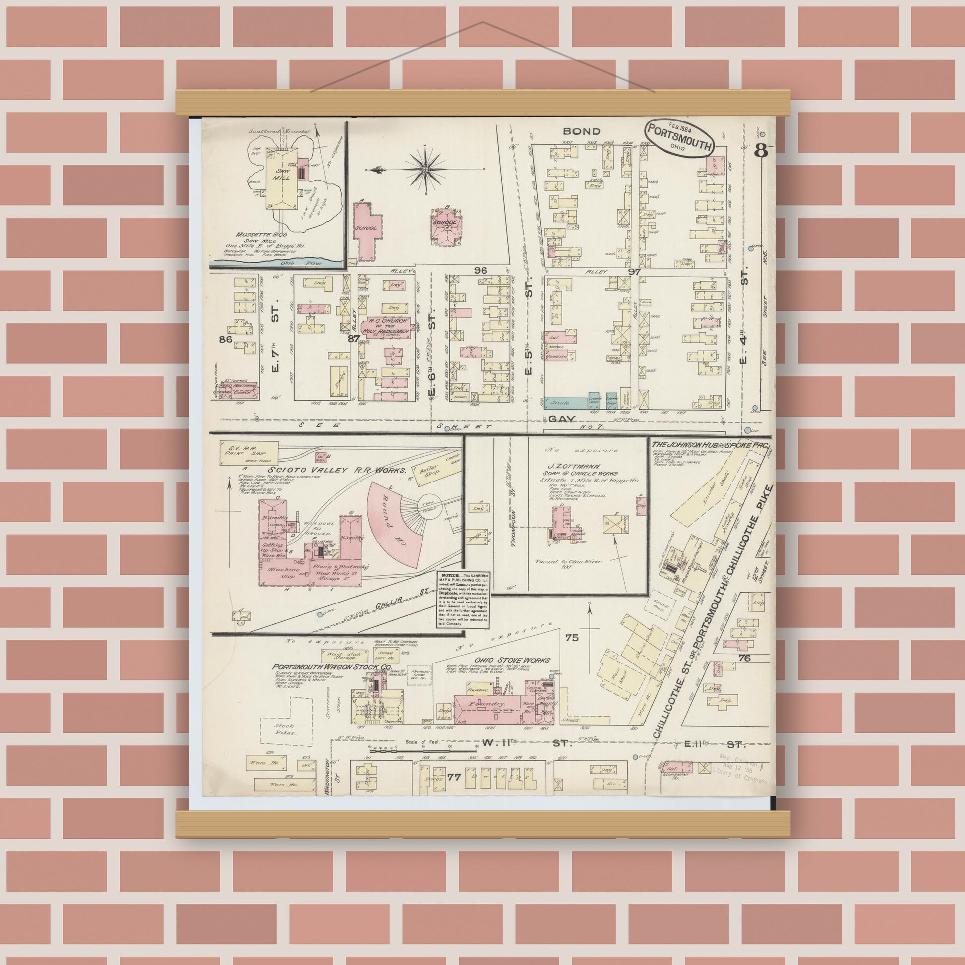 Old map wall art mockup — magnetic wood frame on brick wall — Sanborn Fire Insurance Map from Portsmouth, Scioto County, Ohio (1884), Sheet #0008