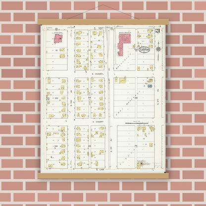 Old map wall art mockup — magnetic wood frame on brick wall — Sanborn Fire Insurance Map from Canton, Fulton County, Illinois (1917), Sheet #0021