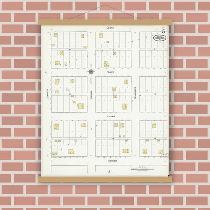 Old map wall art mockup — magnetic wood frame on brick wall — Sanborn Fire Insurance Map from Crowell, Foard County, Texas (1921), Sheet #0005