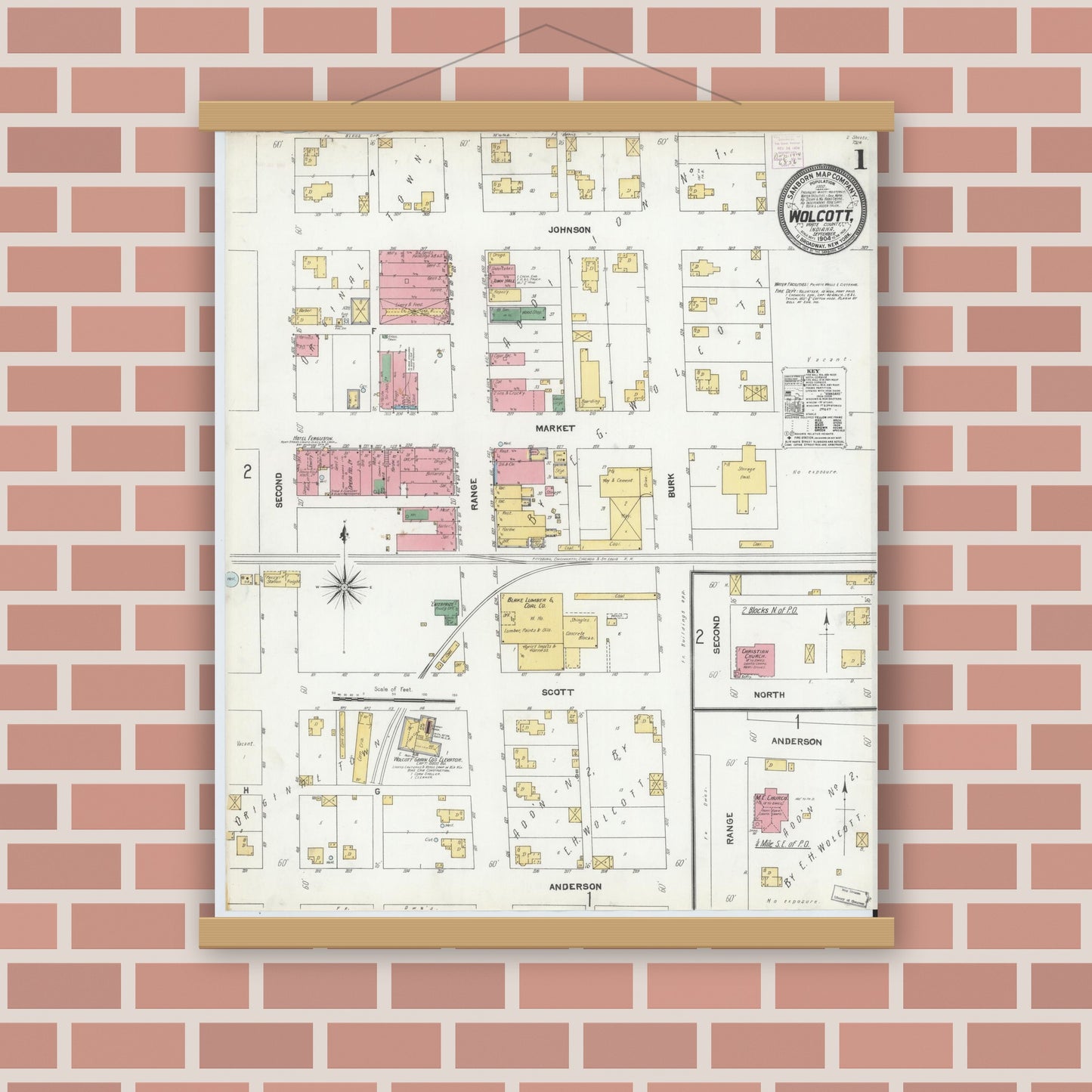 Old map wall art mockup — magnetic wood frame on brick wall — Sanborn Fire Insurance Map from Wolcott, White County, Indiana (1904) - Complete Map Set