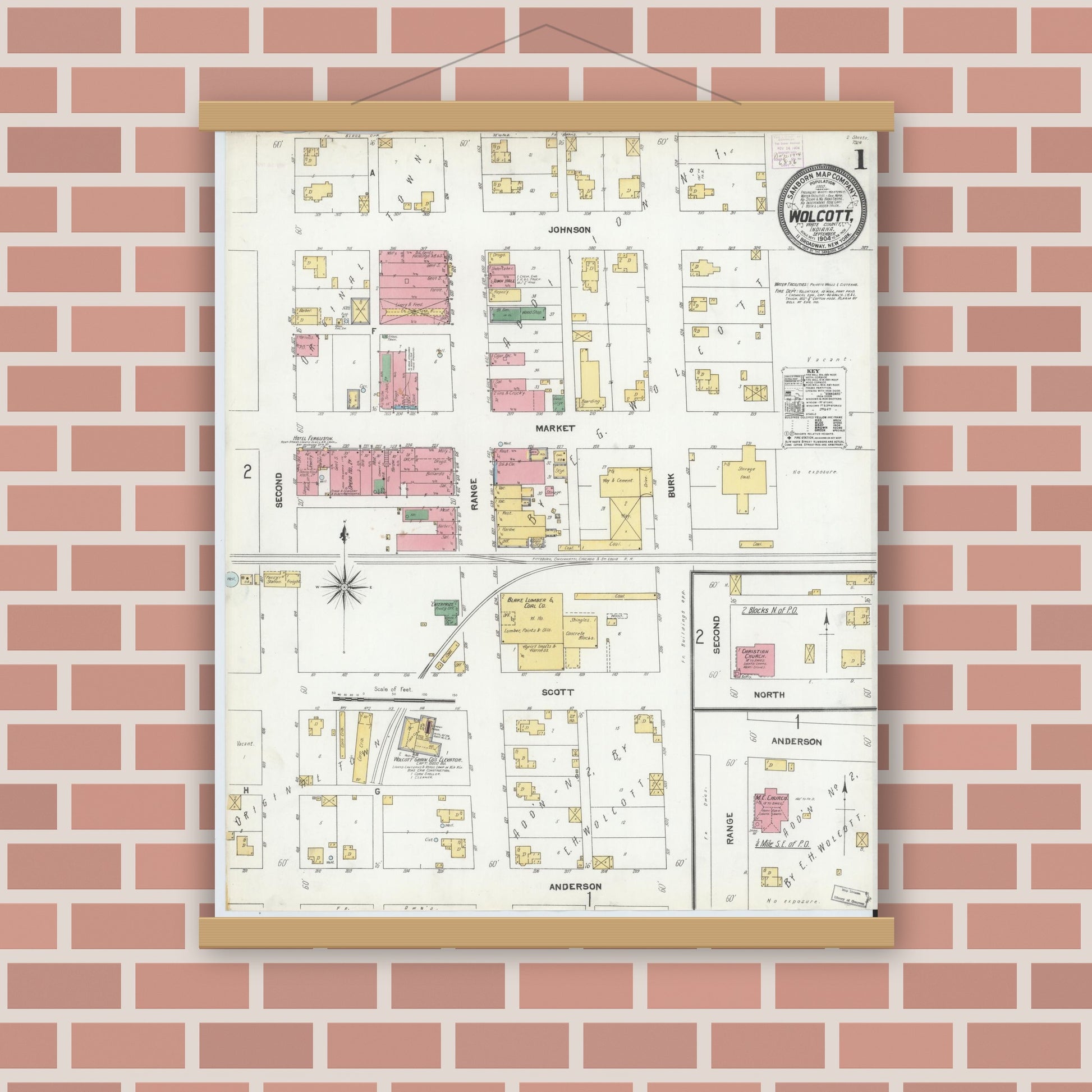 Old map wall art mockup — magnetic wood frame on brick wall — Sanborn Fire Insurance Map from Wolcott, White County, Indiana (1904) - Complete Map Set