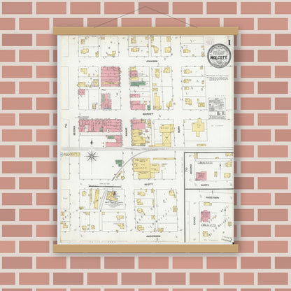 Old map wall art mockup — magnetic wood frame on brick wall — Sanborn Fire Insurance Map from Wolcott, White County, Indiana (1904) - Complete Map Set