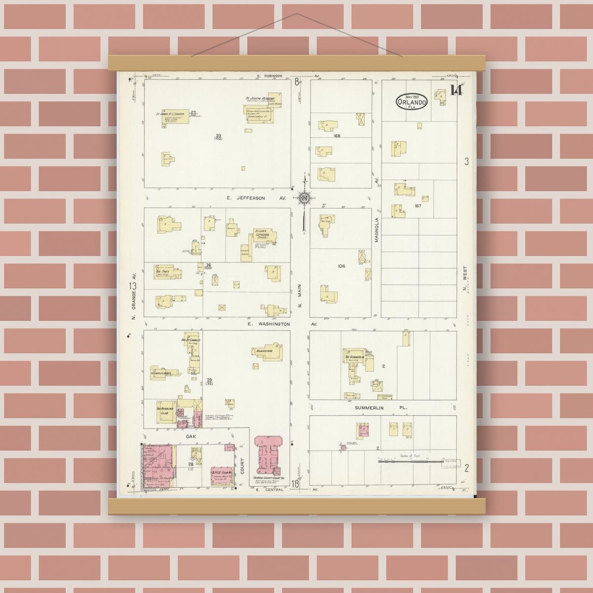 Old map wall art mockup — magnetic wood frame on brick wall — Sanborn Fire Insurance Map from Orlando, Orange County, Florida (1913), Sheet #0014