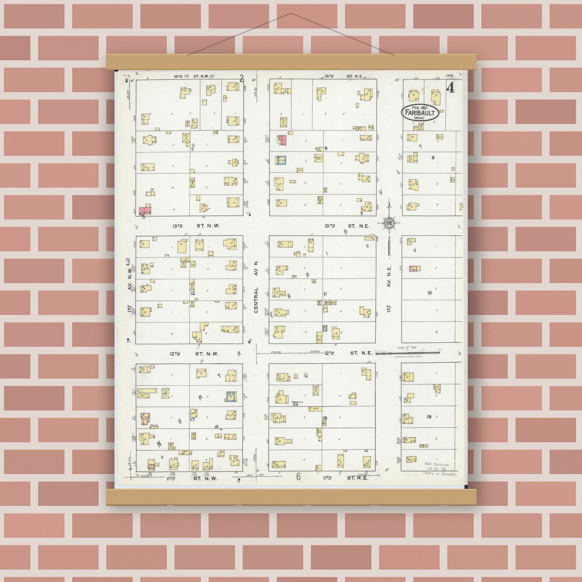 Old map wall art mockup — magnetic wood frame on brick wall — Sanborn Fire Insurance Map from Faribault, Rice County, Minnesota (1921), Sheet #0004