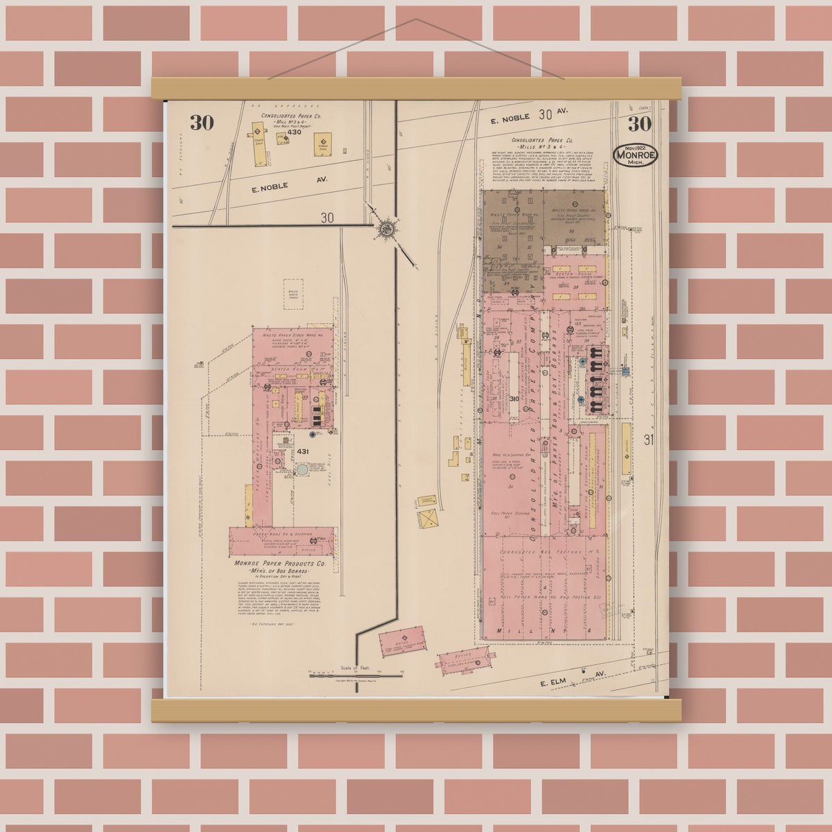 Old map wall art mockup — magnetic wood frame on brick wall — Sanborn Fire Insurance Map from Monroe, Monroe County, Michigan (1922), Sheet #0030