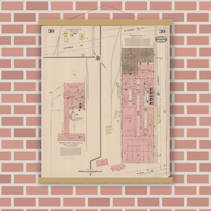Old map wall art mockup — magnetic wood frame on brick wall — Sanborn Fire Insurance Map from Monroe, Monroe County, Michigan (1922), Sheet #0030