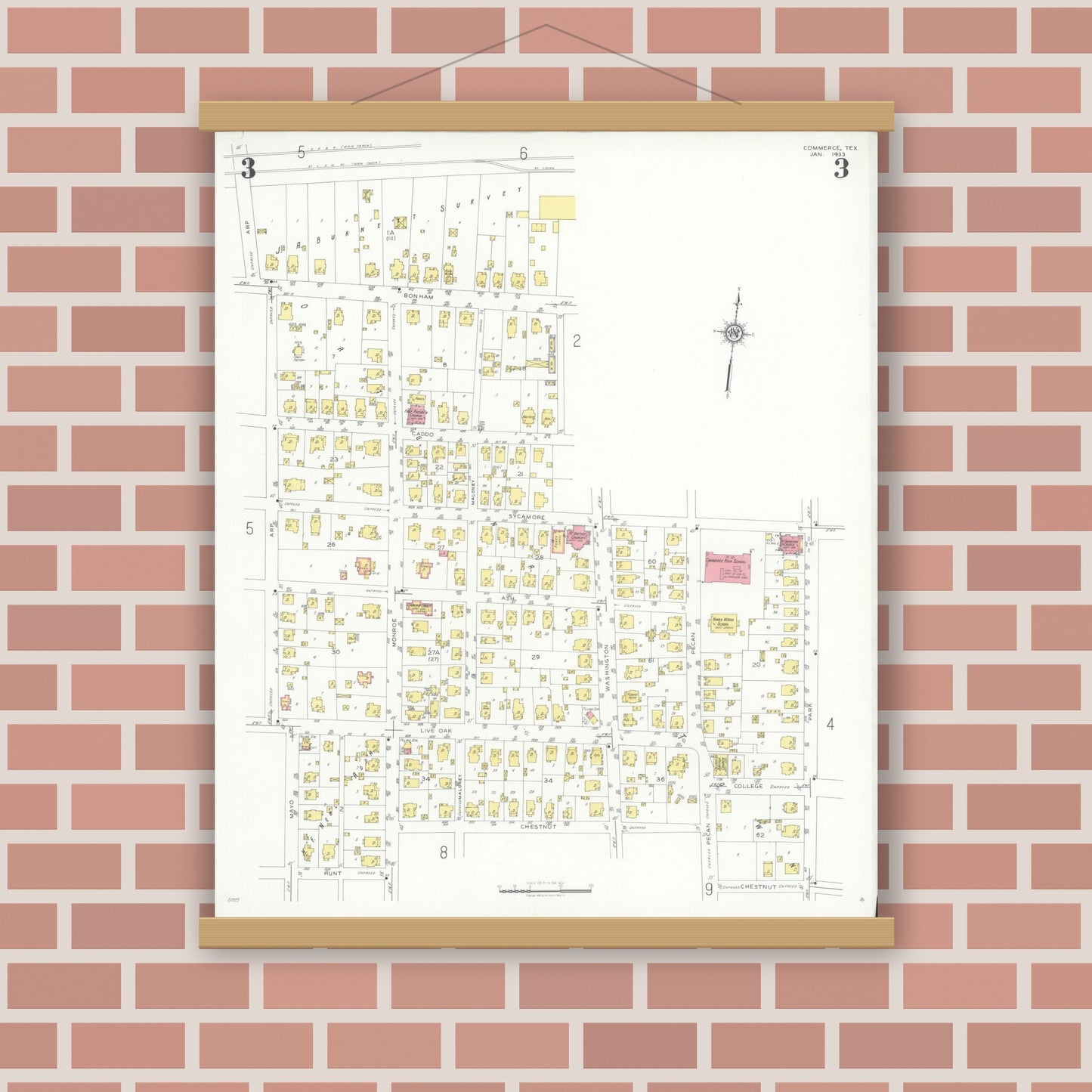 Old map wall art mockup — magnetic wood frame on brick wall — Sanborn Fire Insurance Map from Commerce, Hunt County, Texas (1933), Sheet #0003