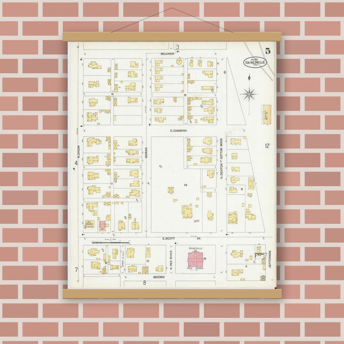 Old map wall art mockup — magnetic wood frame on brick wall — Sanborn Fire Insurance Map from Gainesville, Cooke County, Texas (1902), Sheet #0005