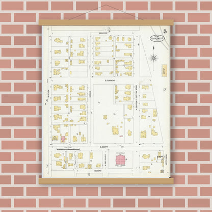 Old map wall art mockup — magnetic wood frame on brick wall — Sanborn Fire Insurance Map from Gainesville, Cooke County, Texas (1902), Sheet #0005