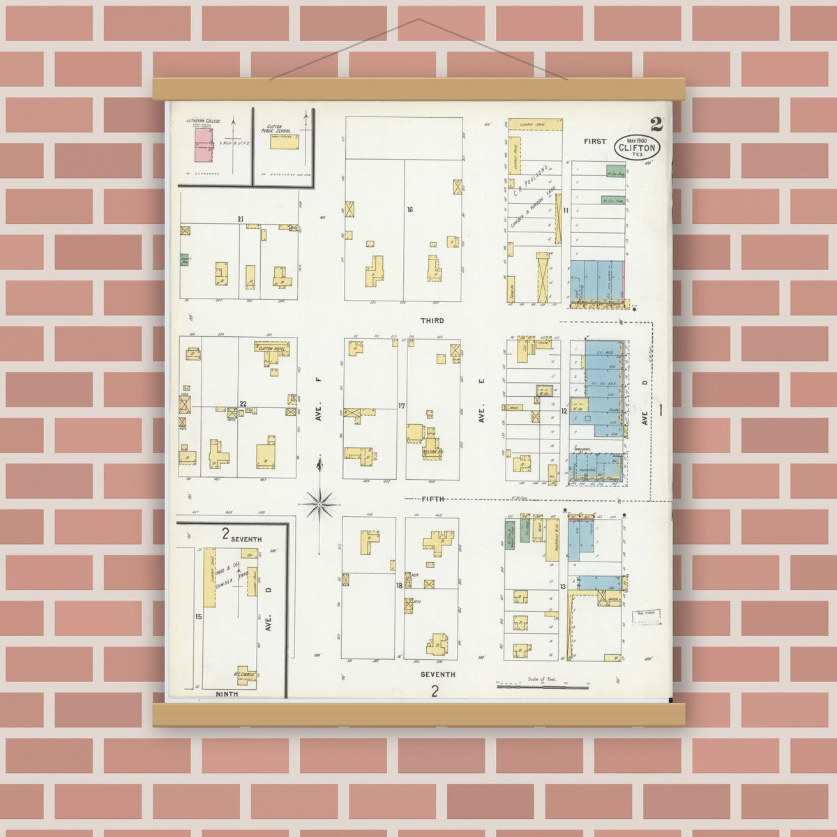 Old map wall art mockup — magnetic wood frame on brick wall — Sanborn Fire Insurance Map from Clifton, Bosque County, Texas (1900), Sheet #0002