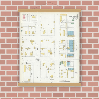 Old map wall art mockup — magnetic wood frame on brick wall — Sanborn Fire Insurance Map from Clifton, Bosque County, Texas (1900), Sheet #0002