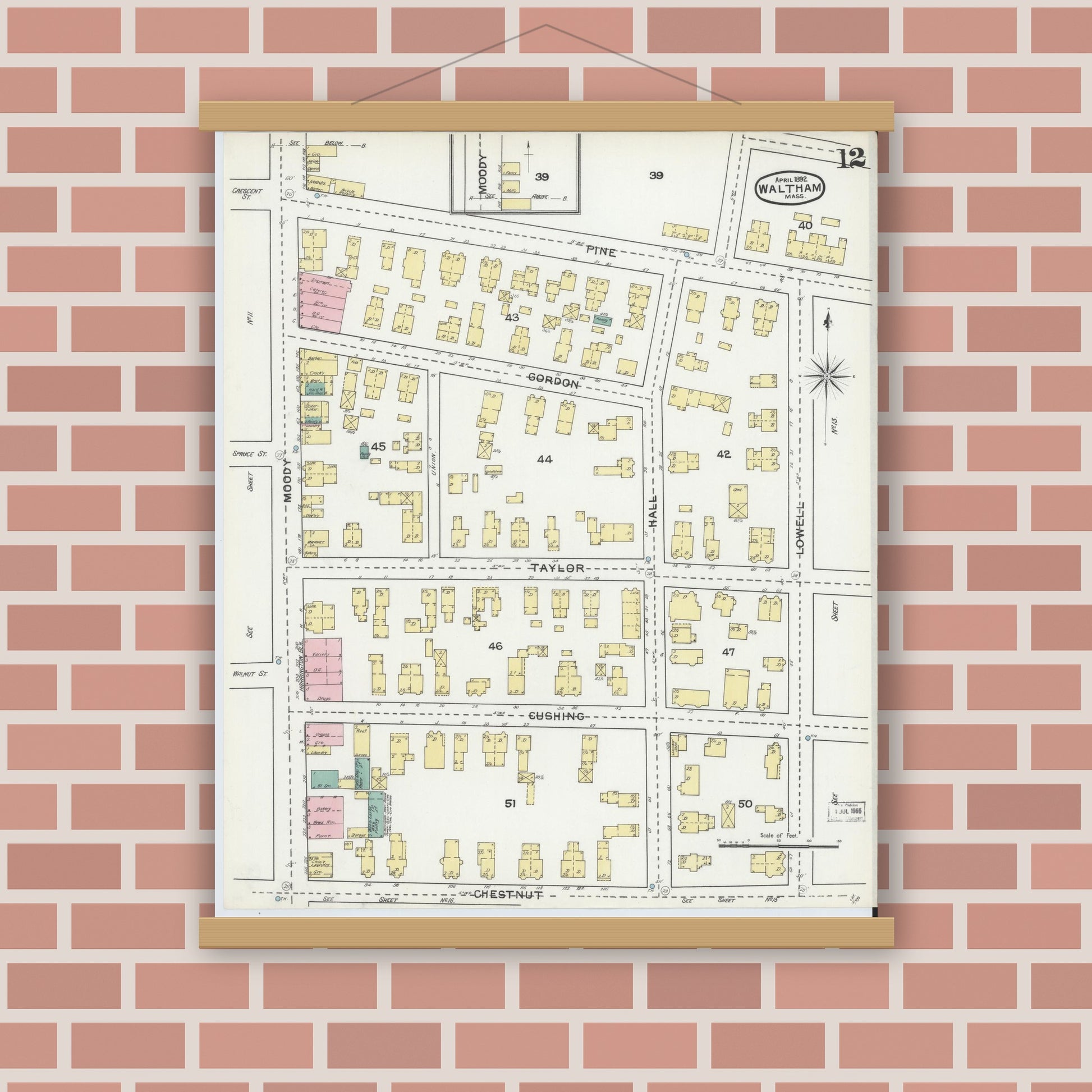 Old map wall art mockup — magnetic wood frame on brick wall — Sanborn Fire Insurance Map from Waltham, Middlesex County, Massachusetts (1892), Sheet #0012