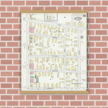 Old map wall art mockup — magnetic wood frame on brick wall — Sanborn Fire Insurance Map from Waltham, Middlesex County, Massachusetts (1892), Sheet #0012