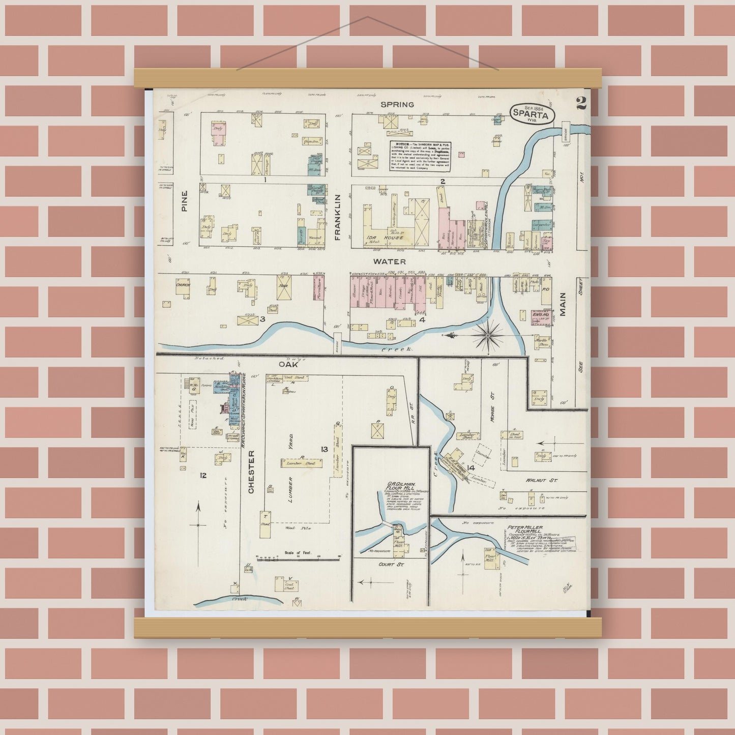Old map wall art mockup — magnetic wood frame on brick wall — Sanborn Fire Insurance Map from Sparta, Monroe County, Wisconsin (1884), Sheet #0002