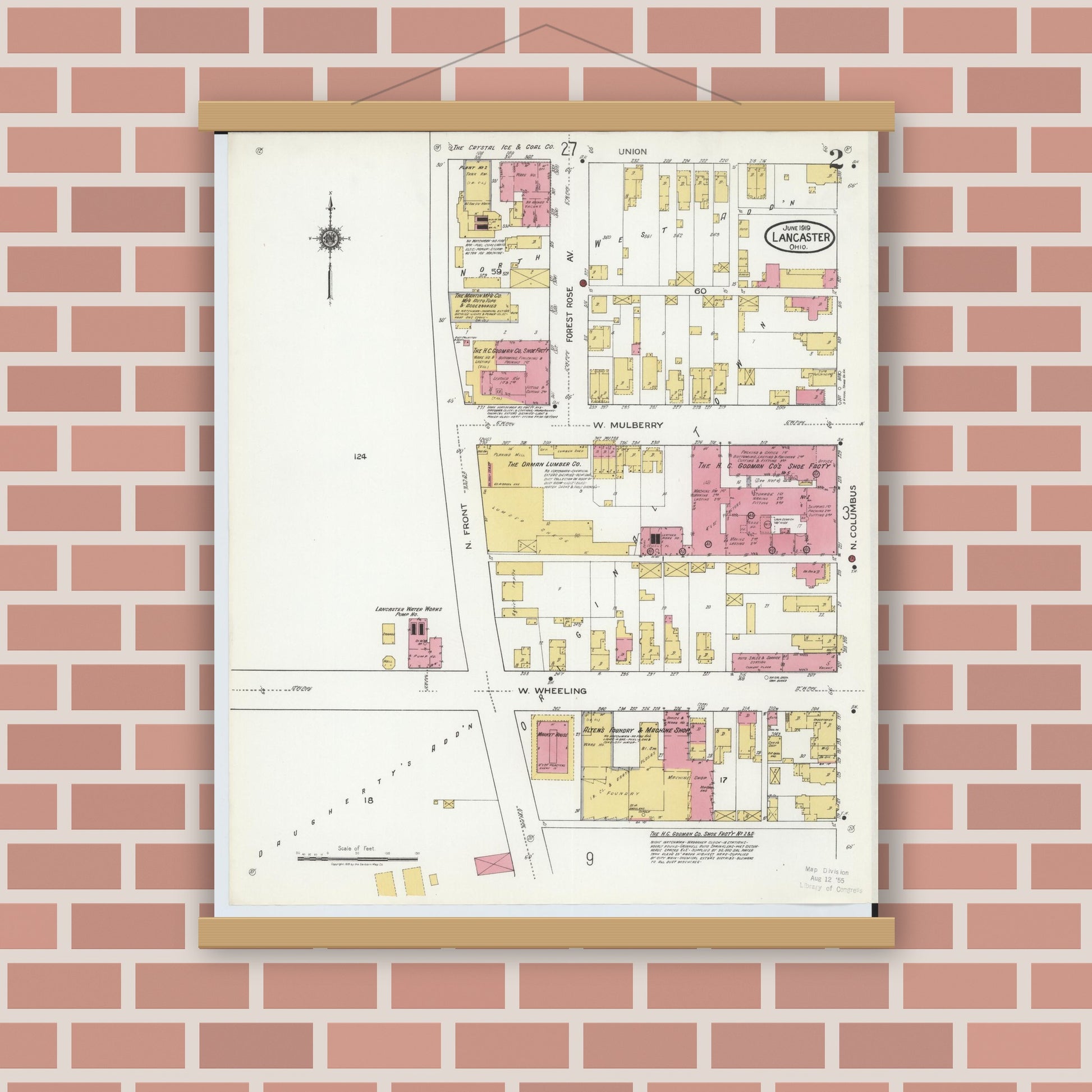Old map wall art mockup — magnetic wood frame on brick wall — Sanborn Fire Insurance Map from Lancaster, Fairfield County, Ohio (1919), Sheet #0002