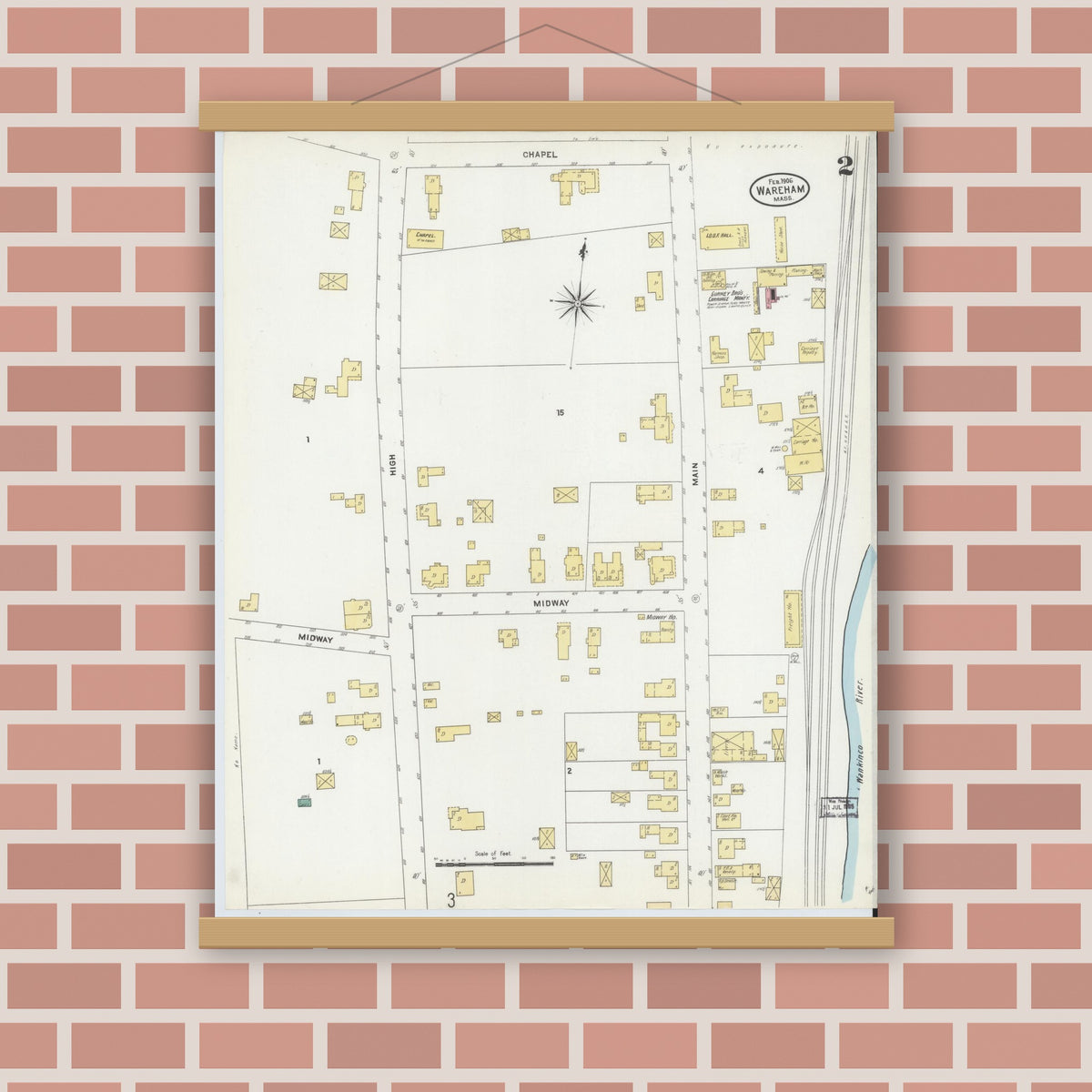 Old map wall art mockup — magnetic wood frame on brick wall — Sanborn Fire Insurance Map from Wareham, Plymouth County, Massachusetts (1906), Sheet #0002