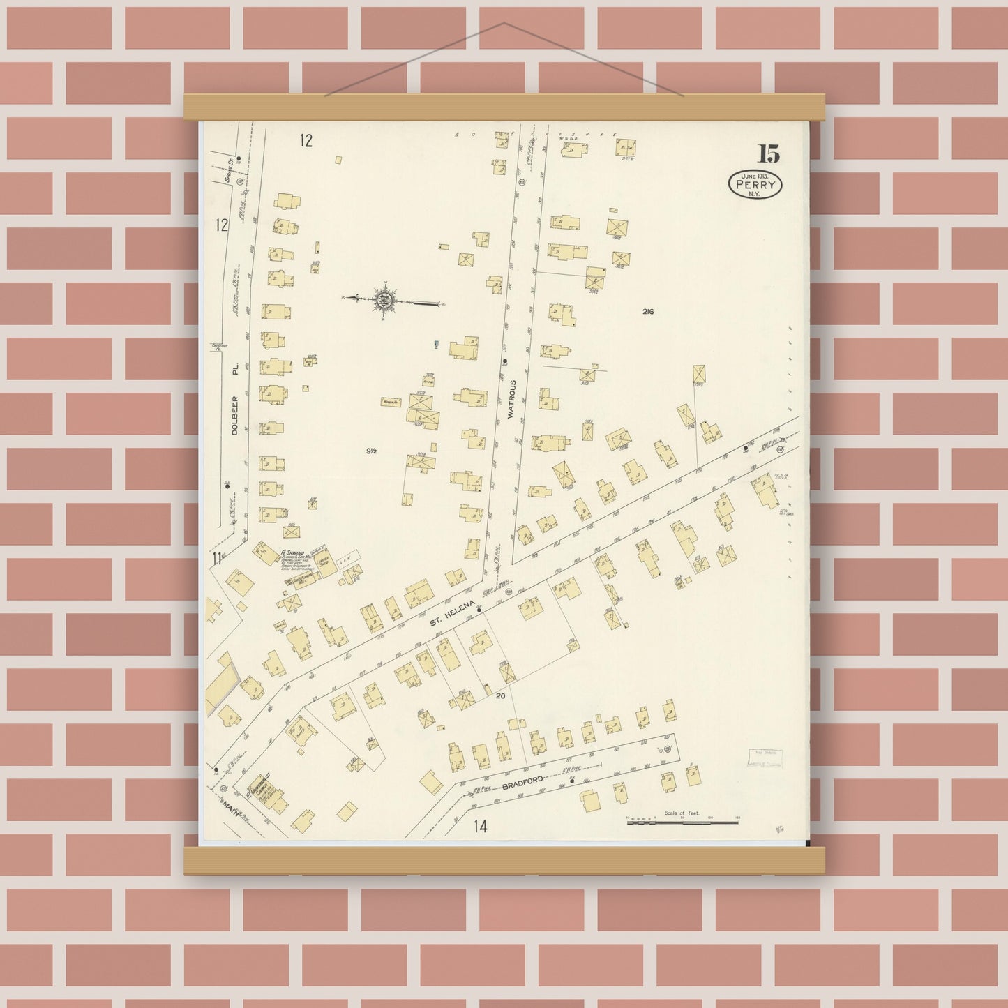 Old map wall art mockup — magnetic wood frame on brick wall — Sanborn Fire Insurance Map from Perry, Wyoming County, New York (1913), Sheet #0015