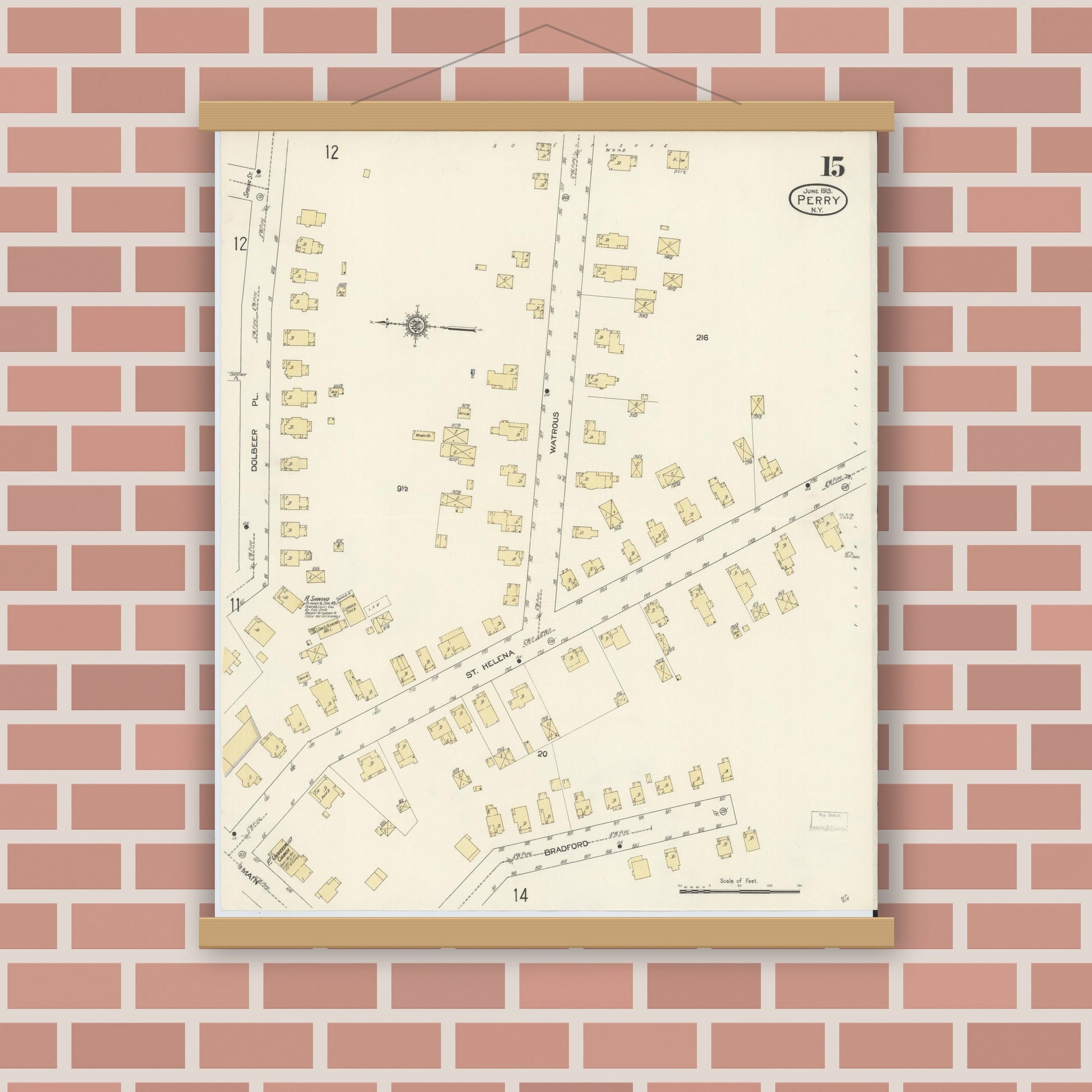 Old map wall art mockup — magnetic wood frame on brick wall — Sanborn Fire Insurance Map from Perry, Wyoming County, New York (1913), Sheet #0015
