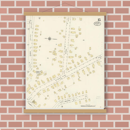 Old map wall art mockup — magnetic wood frame on brick wall — Sanborn Fire Insurance Map from Perry, Wyoming County, New York (1913), Sheet #0015