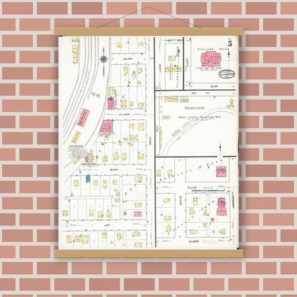 Old map wall art mockup — magnetic wood frame on brick wall — Sanborn Fire Insurance Map from Clarion, Wright County, Iowa (1921), Sheet #0005
