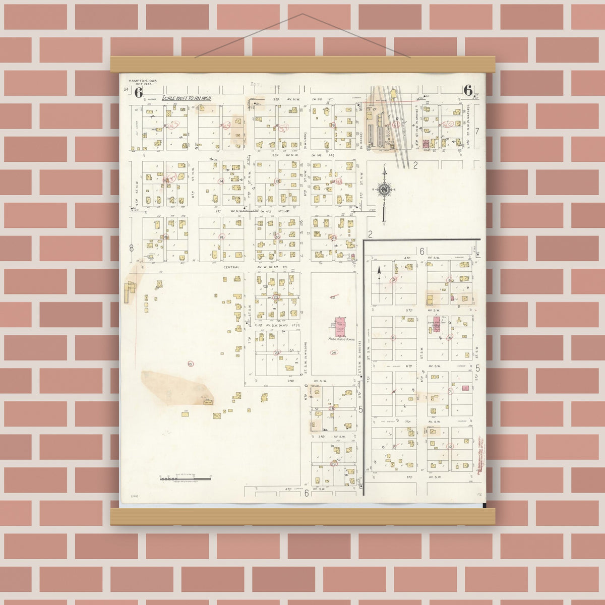 Old map wall art mockup — magnetic wood frame on brick wall — Sanborn Fire Insurance Map from Hampton, Franklin County, Iowa (1944), Sheet #0006