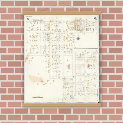 Old map wall art mockup — magnetic wood frame on brick wall — Sanborn Fire Insurance Map from Hampton, Franklin County, Iowa (1944), Sheet #0006