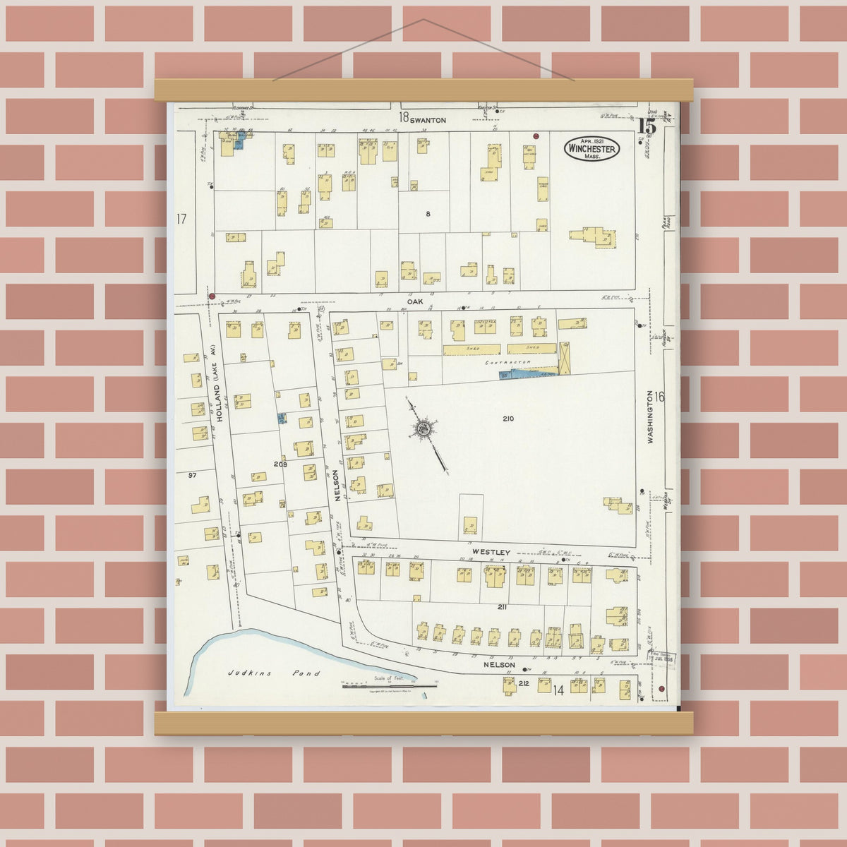 Old map wall art mockup — magnetic wood frame on brick wall — Sanborn Fire Insurance Map from Winchester, Middlesex County, Massachusetts (1921), Sheet #0015