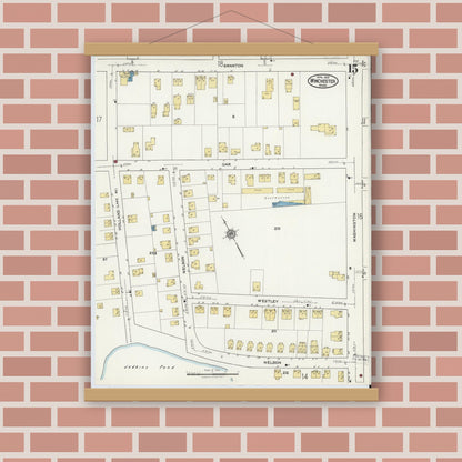 Old map wall art mockup — magnetic wood frame on brick wall — Sanborn Fire Insurance Map from Winchester, Middlesex County, Massachusetts (1921), Sheet #0015