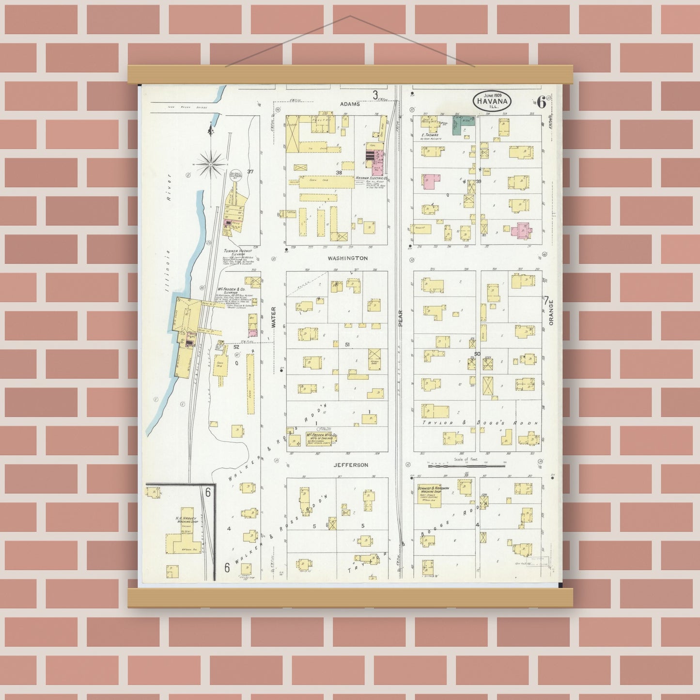 Old map wall art mockup — magnetic wood frame on brick wall — Sanborn Fire Insurance Map from Havana, Mason County, Illinois (1909), Sheet #0006