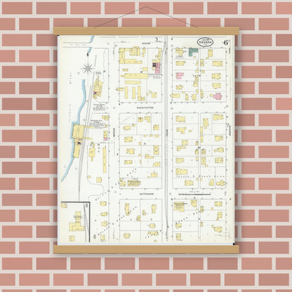 Old map wall art mockup — magnetic wood frame on brick wall — Sanborn Fire Insurance Map from Havana, Mason County, Illinois (1909), Sheet #0006