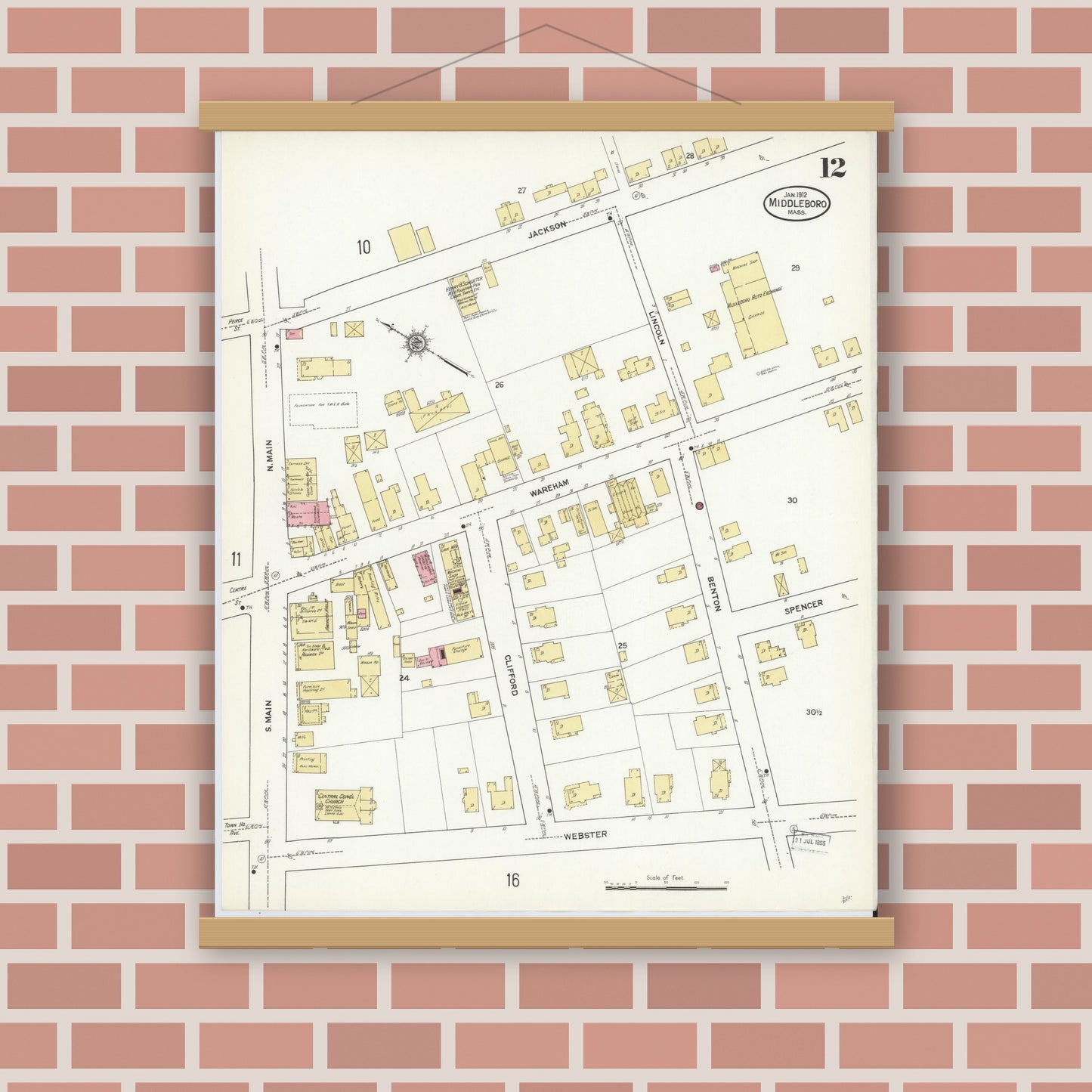 Old map wall art mockup — magnetic wood frame on brick wall — Sanborn Fire Insurance Map from Middleboro, Plymouth County, Massachusetts (1912), Sheet #0012