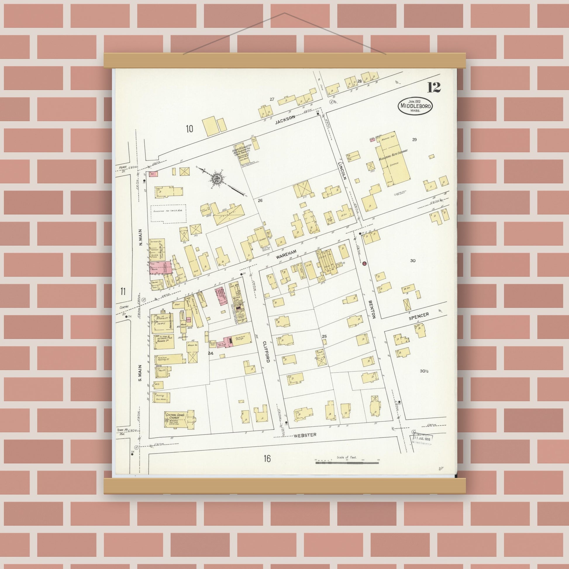 Old map wall art mockup — magnetic wood frame on brick wall — Sanborn Fire Insurance Map from Middleboro, Plymouth County, Massachusetts (1912), Sheet #0012