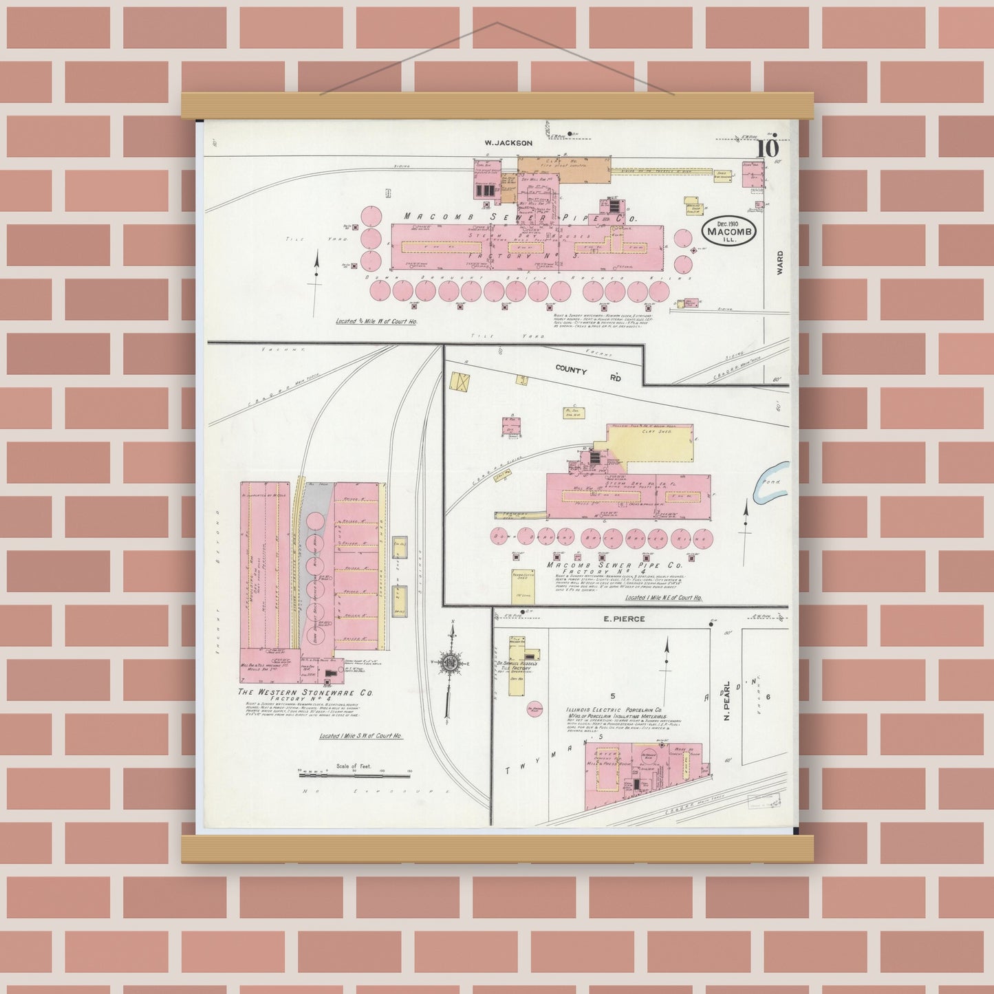 Old map wall art mockup — magnetic wood frame on brick wall — Sanborn Fire Insurance Map from Macomb, Mcdonough County, Illinois (1910), Sheet #0010