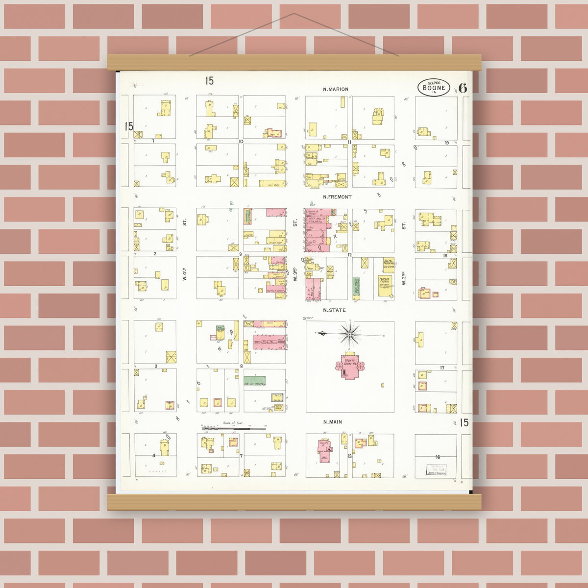 Old map wall art mockup — magnetic wood frame on brick wall — Sanborn Fire Insurance Map from Boone, Boone County, Iowa (1900), Sheet #0006