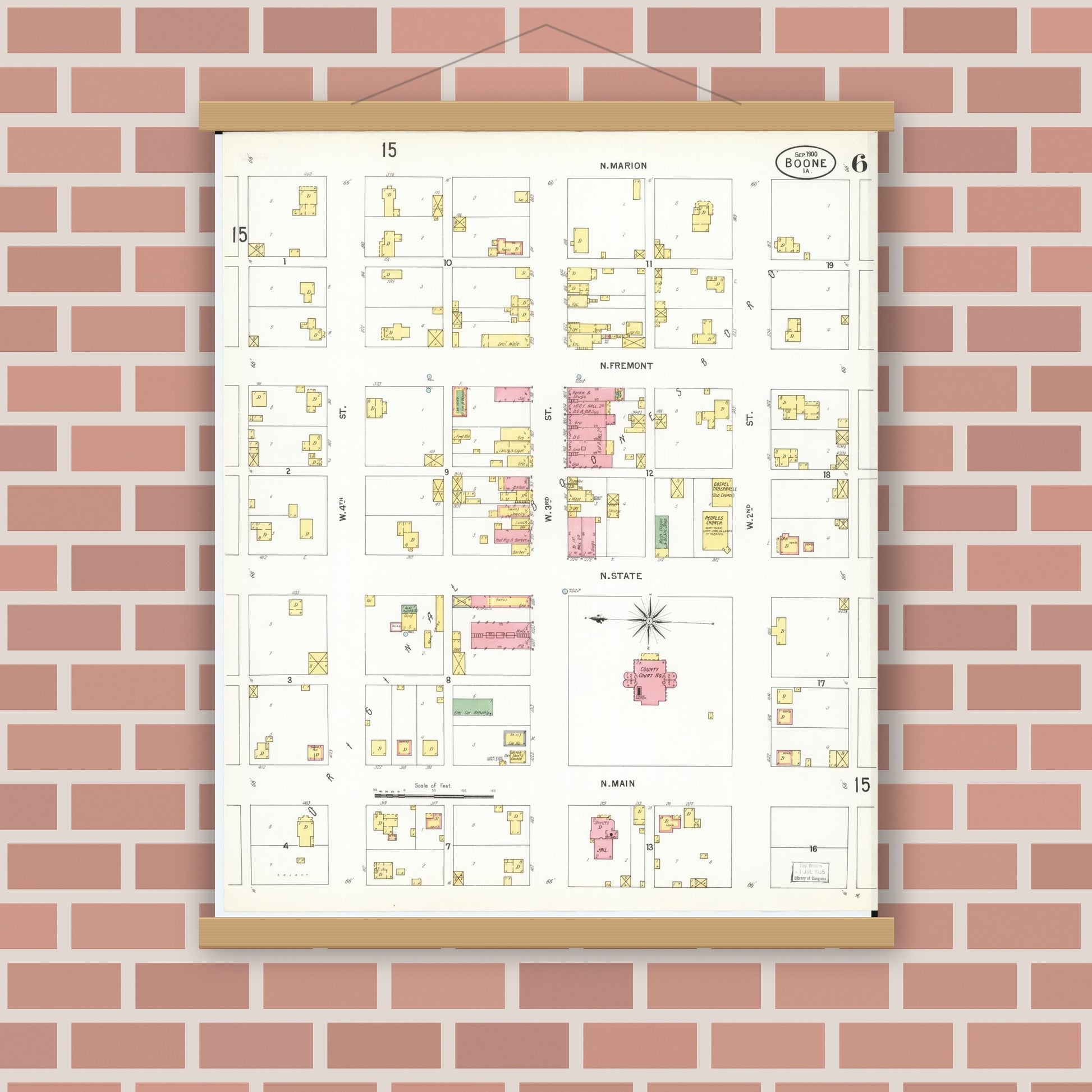 Old map wall art mockup — magnetic wood frame on brick wall — Sanborn Fire Insurance Map from Boone, Boone County, Iowa (1900), Sheet #0006
