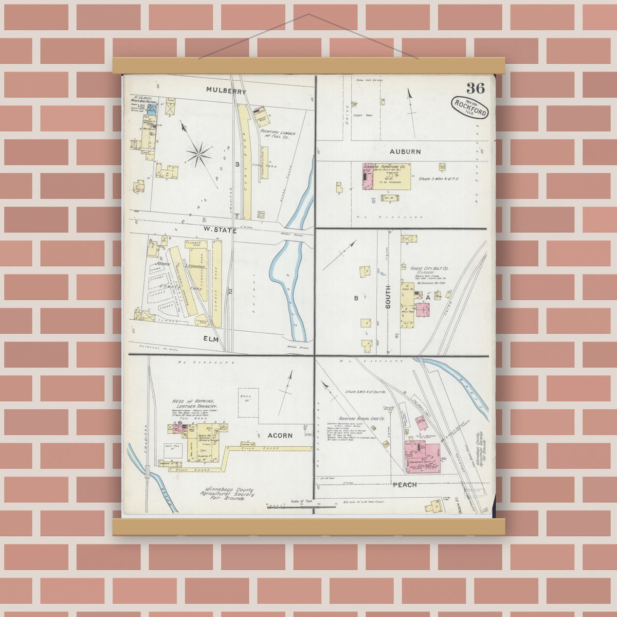 Old map wall art mockup — magnetic wood frame on brick wall — Sanborn Fire Insurance Map from Rockford, Winnebago County, Illinois (1891), Sheet #0036