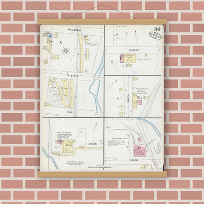 Old map wall art mockup — magnetic wood frame on brick wall — Sanborn Fire Insurance Map from Rockford, Winnebago County, Illinois (1891), Sheet #0036