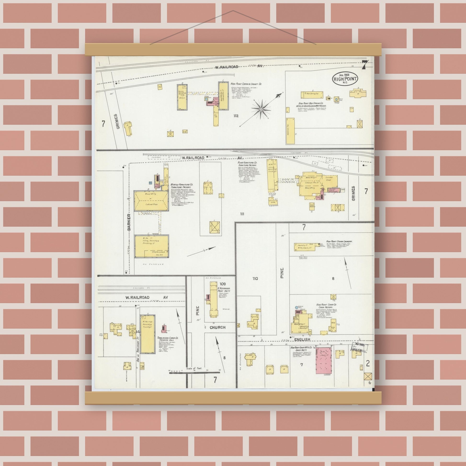 Old map wall art mockup — magnetic wood frame on brick wall — Sanborn Fire Insurance Map from High Point, Guilford County, North Carolina (1902), Sheet #0007